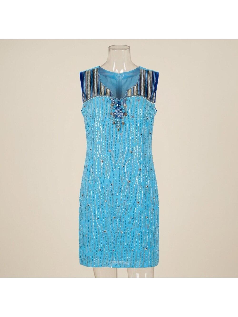 INDIAN KURTI KURTA TUNIC SLEEVELESS BLUE M 19" P2P Beaded Embellished Festive